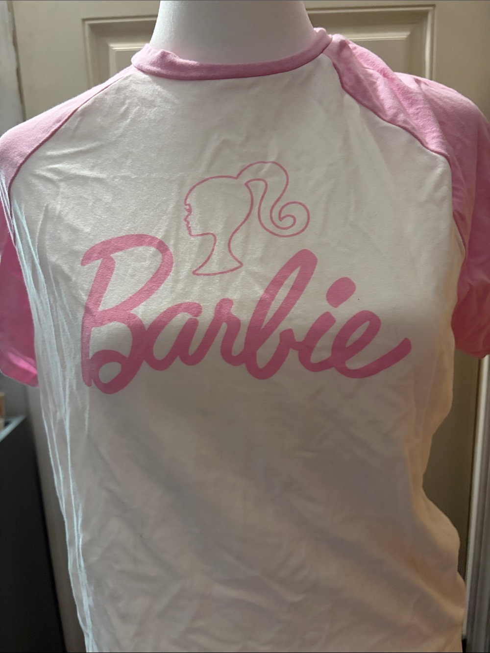 Barbie White and Light Pink Raglan Logo Tee - Picture 3 of 3